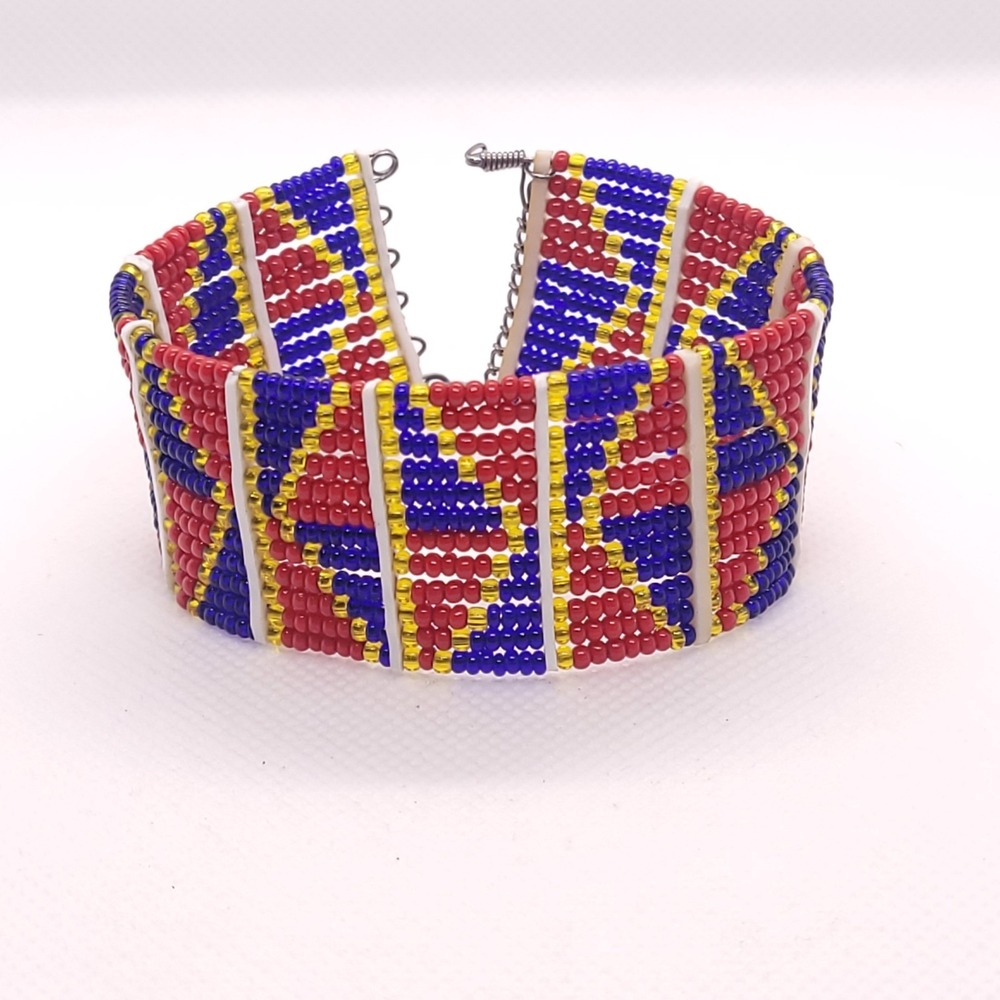 Wide Seed Bead Cuff Bracelet Red Blue Yellow Geometric Tribal Style